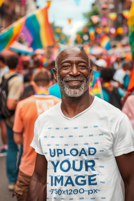 Placeit T Shirt Mockup Featuring A Bearded Man Generated By Ai At A Gay Pride Parade