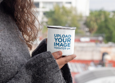 12 oz Silver Rim Enamel Mug Mockup Featuring a Woman at a Balcony 30829a