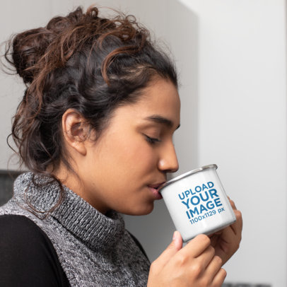 12 oz Enamel Mug Mockup Featuring a Woman Taking a Sip of Coffee 30836a