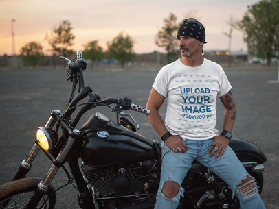 Round-Neck Tee Mockup of a Serious-Looking Biker on His Motorcycle 20258a