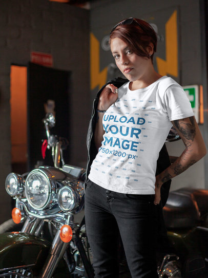 T-Shirt Mockup of a Biker Putting Her Jacket On 20206a