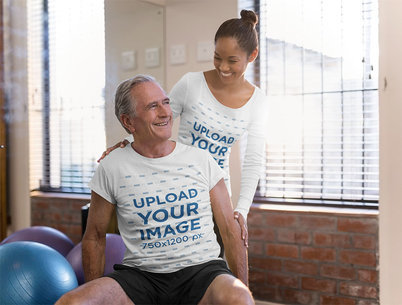 T-Shirt and Long Sleeve Tee Mockup of a Senior Man With His Coach