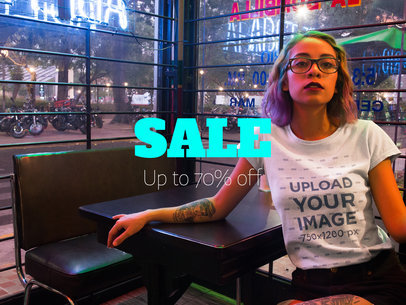 Facebook Ad - Hispanic Trendy Woman Wearing a T-Shirt Inside a Restaurant a16416