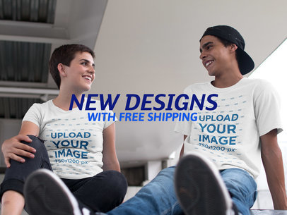 Facebook Ad - Happy Young Couple Talking Under a Bridge Wearing T-Shirts a16447