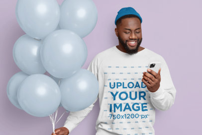 Crewneck Sweatshirt Mockup of a Man Holding a Bunch of Balloons