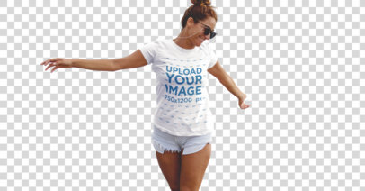 transparent t-shirt mockup of a happy young woman with a summer outfit
