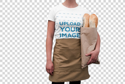 Transparent T-Shirt Mockup of a Woman Holding Baguettes and Wearing an Apron 20503a