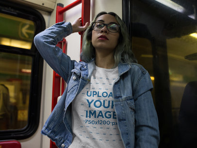 Placeit Woman Wearing a Crew Neck Sweatshirt Template While in the Metro