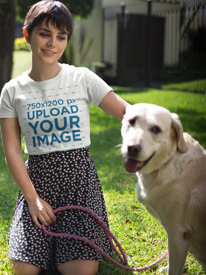Happy Girl Wearing a Tshirt Mockup while with her Dog a17975