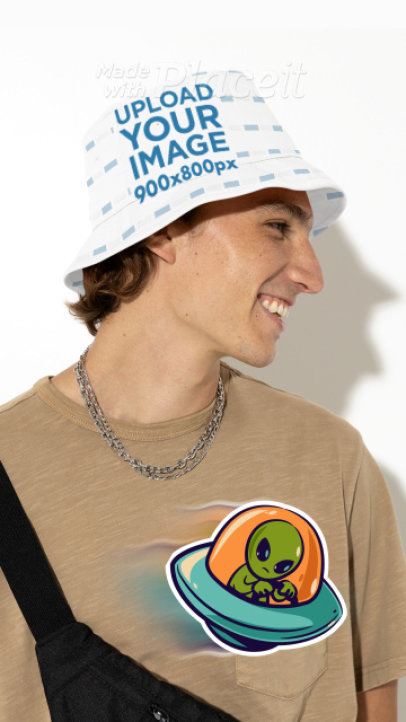 Video of a Bucket Hat Featuring a Happy Man Surrounded by an Animated Alien Sticker 5138v