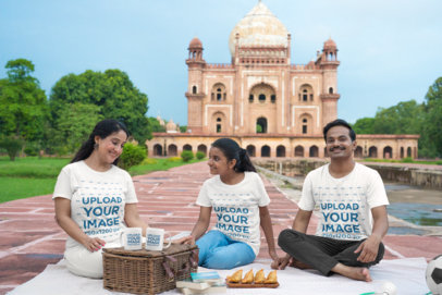 T-Shirt Mockup of a Family Having a Picnic With Tea Mugs by an Indian Temple m29694