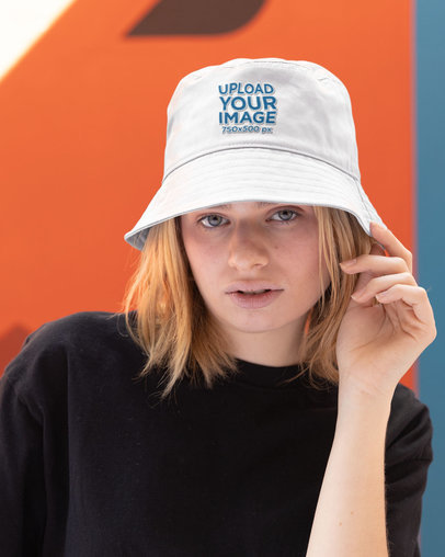 Embroidered Bucket Hat Mockup Featuring a Woman with Clear Eyes m32082