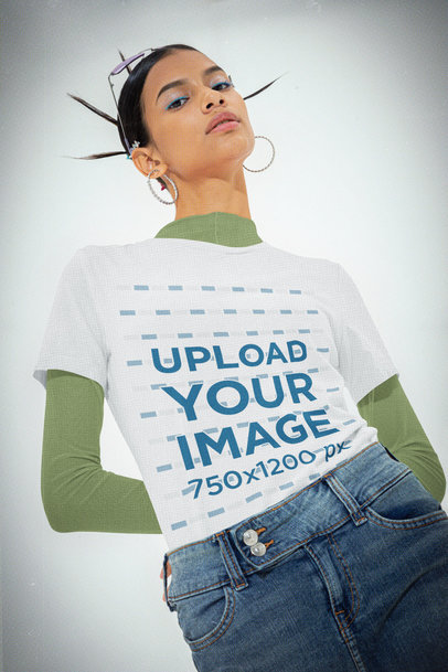 Bella Canvas T-Shirt Mockup of a Woman in an Outfit with a Y2K Aesthetic m31232