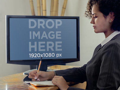 Businesswoman on PC Desktop Mockup Template