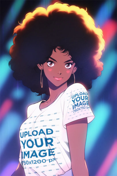 Mockup of an 80s Anime-Inspired Woman with an Afro Hairstyle Wearing a T-Shirt