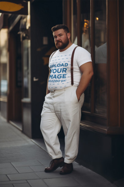 Round-Neck T-Shirt Mockup Featuring an AI-Generated Bearded Man With a 40s-Styled Look