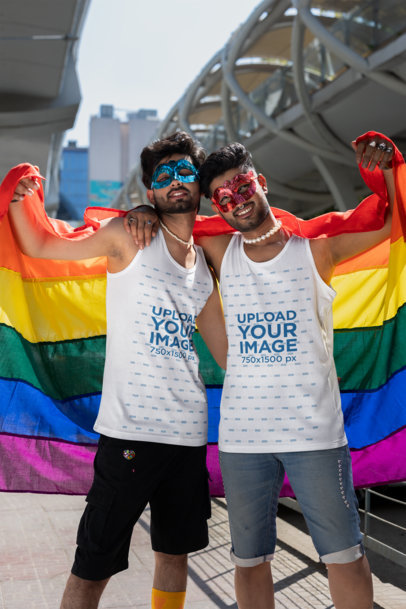 Tank Top Mockup Featuring a Gay Couple Celebrating Pride Month in the Street