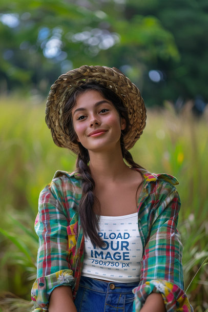Crop Top Mockup Featuring an AI-Created Woman Posing With a Smile in a Festa Junina Celebration