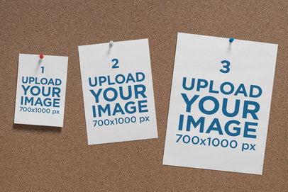 Mockup of an A4, an A5, and An A6 Flyers Hanging on a Cork 