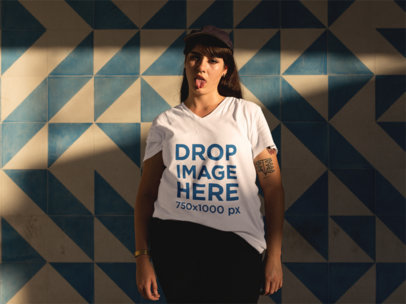 V-Neck T-Shirt Mockup of a Girl Sticking Out Her Tongue a12081
