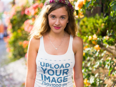Trendy Girl Wearing a Tank Top in a Garden Mockup a12205