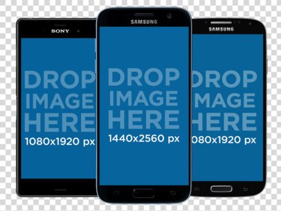 3 Black Android Phones Mockup in Portrait Position Over a PNG Background b11880