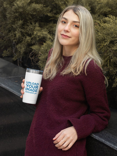 Travel Mug Mockup of a Woman in an Autumn Outfit 31824
