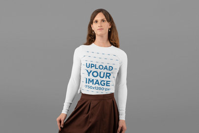 Long Sleeve Tee Mockup of a Woman with a Classy Outfit at a Studio