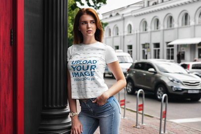 Mockup Featuring a Woman Wearing a Customizable Tee by a Street 4296-el1