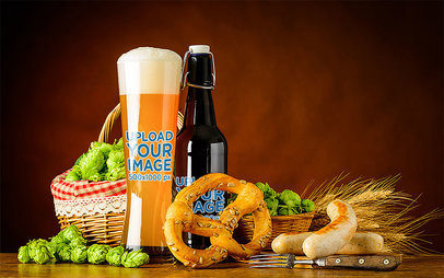 Mockup of a Glass and a Bottle of Beer Featuring a Pretzel 35530-r-el2
