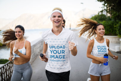 T-Shirt, Sports Bra, and Tank Top Mockup of Three Friends Enjoying a Morning Jog 39369-r-el2