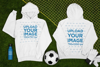 Hoodie Mockup Featuring a Customizable Aluminum Bottle and a Soccer Ball m390