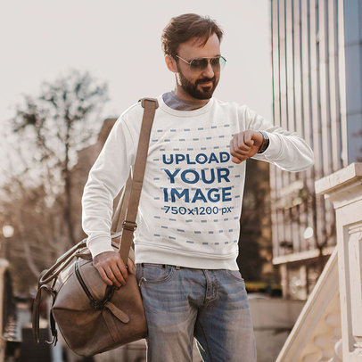 Sweatshirt Mockup Featuring a Man with Sunglasses Checking the Time on His Watch m4240-r-el2