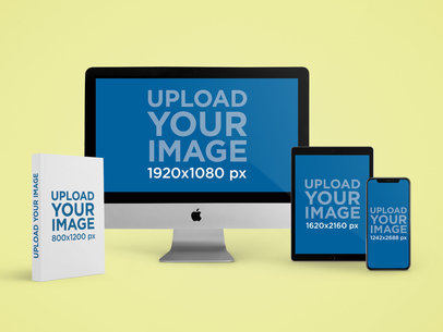 Book, iMac, iPad, and iPhone 11 Mockup Featuring a Plain Background m6796