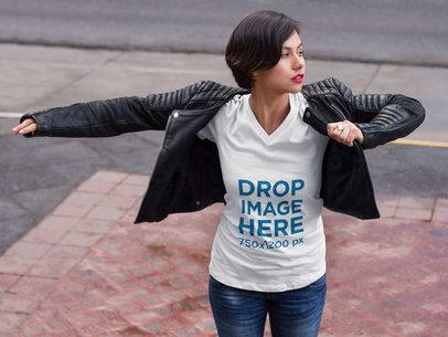 V-Neck T Shirt Mockup of a Woman 